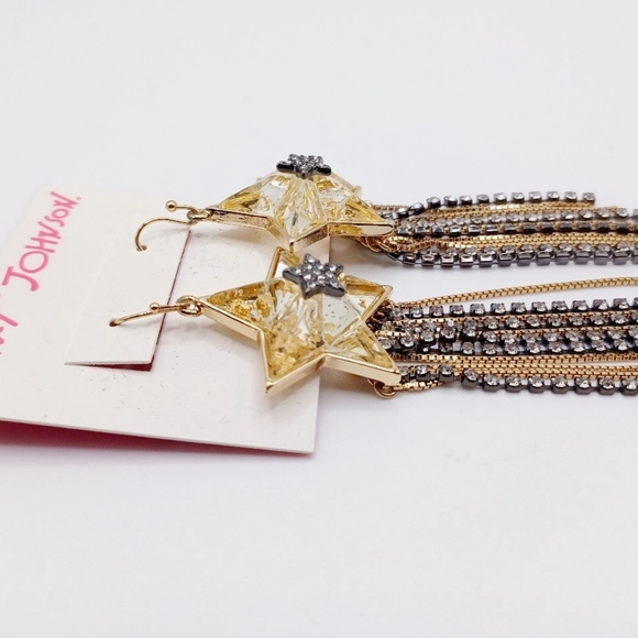 Betsey Johnson Gold Tone Celestial Punk Crystal Star Fringe Rhinestone Earrings - Picture 3 of 5